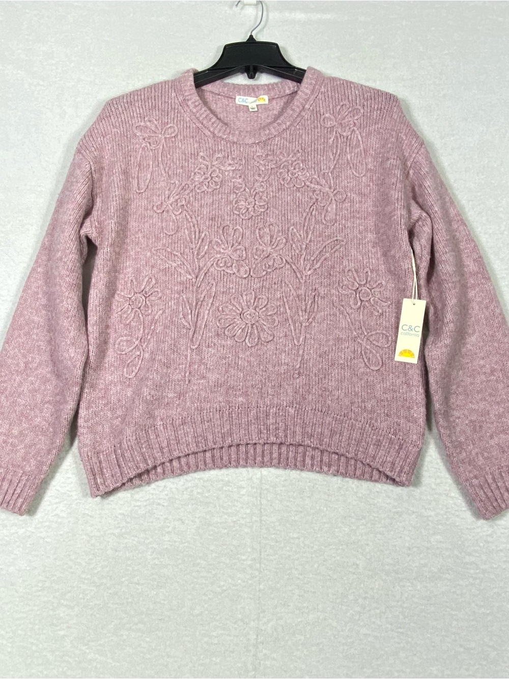C&C California Floral Embroidered Knit Sweater Women's L Lavender Pullover NWT